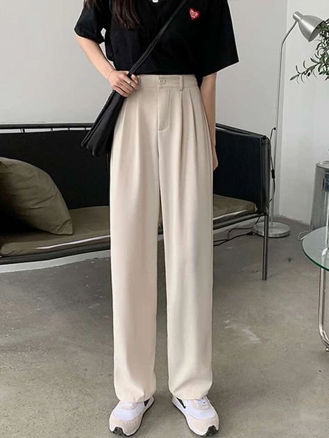 Trouser Pants Aesthetic, Trendy Dress Pants Outfits, Dress Pants Outfits Korean, Dress Pants Korean Outfit, Wide Leg Outfits Aesthetic, Korean Tailored Pants, Style Pants Outfit Korea, Korean Outfit Pants, Shein Wide Leg Pants