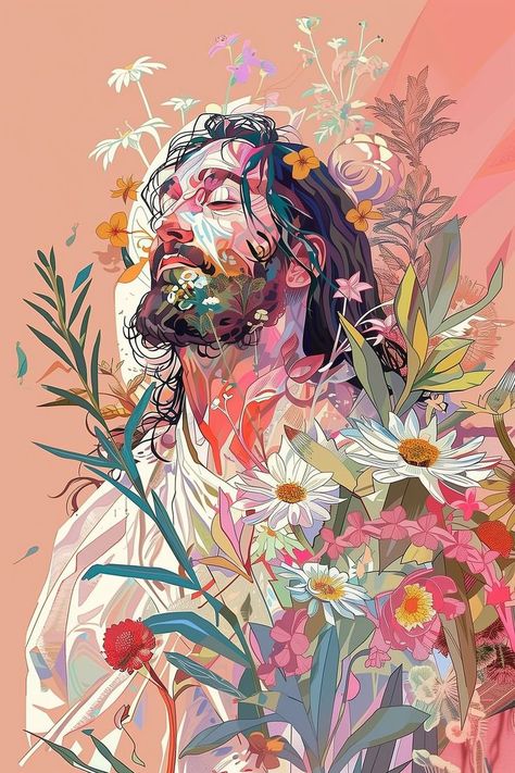 Experience the divine connection between Jesus and the natural world with this exquisite Jesus illustration. Surrounded by flowers, Jesus is depicted with eyes closed, savoring the beauty of creation. This unique piece of Jesus art is a must-have addition to any Christian painting enthusiast’s gallery. If you like the work, please leave a heart and it will soon appear in my Etsy shop. Beauty, Art, Pink, Flowers, Eyes Closed, Jesus Art, Jesus Is, In Bloom, Jesus