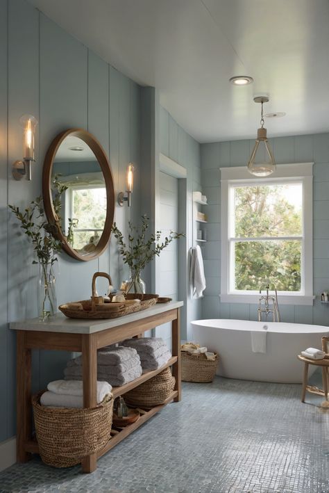 Step into coastal serenity with Pale Smoke (1584)! Discover how hint of smoky blues can elevate your bathroom design in this daily routine with décor tips. #Ad #homedecor #homedesign #bathroom #Painthome interiorarchitecture best Wall Colors for Bathroom Colors Bright Room Colors best colors combinations bathroom bathroom Remodeling Modern Paint Colors 2024 Bathroom Decor With Color, Elevated Guest Bathroom, Lake House Bathroom Paint Colors, Country House Bathroom Ideas, Eggshell Blue Bathroom, Large Bathroom Color Ideas, Relaxing Bathroom Color Schemes, Bathroom Modern Country, Blue And White Cottage Bathroom