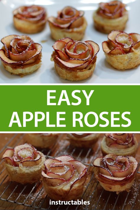 Mini Apple Pie Roses, Flower Apple Pie, Apple Roses Dessert, Apple Rose Puff Pastry Recipes, How To Make Apple Roses, Mini Apple Roses Puff Pastry, Mini Apple Rose Pies, Mini Rose Apple Pies, Apple Rose Tartlets