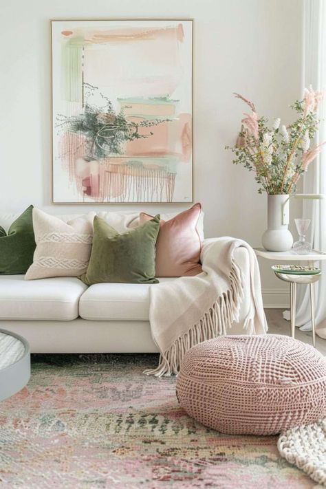 Pink Blue Green Living Room, Sage Green And Gold Living Room Ideas, Sage Green In Living Room, Colorful Wall Decor Ideas, Pink And Sage Green Living Room, Olive Green And Pink Living Room, Sage And Pink Decor, Pink And Green Apartment Aesthetic, Green And Pink Salon