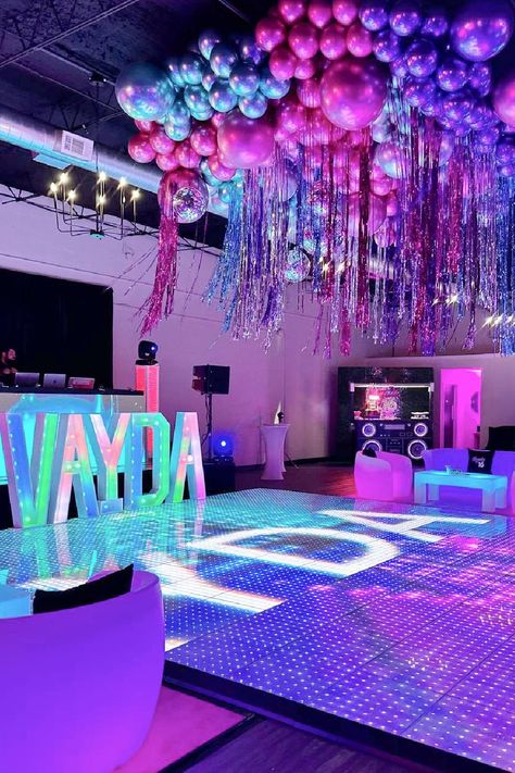 Check out this fantastic disco Sweet 16! The decor is amazing!! See more party ideas and share yours at CatchMyParty.com Sweet 16 Prom Theme, Neon Theme Sweet 16, Sweet 16 Night Club Theme, Glow Sweet 16 Party, Glow In The Dark Sweet 16, Disco Sweet 16 Party, Sweet 16 Disco Party, Club Theme Party Ideas, Neon Sweet 16 Party Ideas