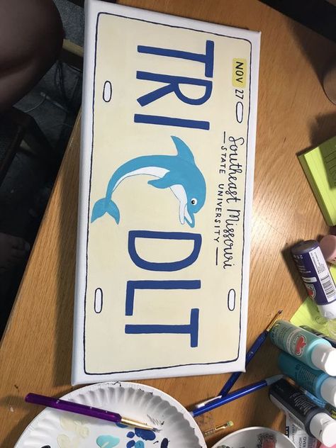 License Plate Sorority Canvas, Alpha Chi Canvas Paintings, Tri Delta Room Decor, Cute Canvas Paintings Sorority, Sorority Canvas Tri Delta, Cute Sorority Canvas Ideas, Tri Delta Paddle Ideas, College Painting Ideas On Canvas, Delta Delta Delta Graphics