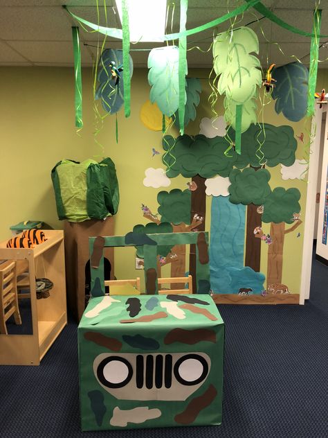 Rainforest dramatic play! Dramatic Play Dinosaurs, Dinosaurs Dramatic Play Preschool, Dinasour Dramatic Play, Dinosaur Theme Dramatic Play, Preschool Dinosaur Dramatic Play, Safari Pretend Play, Jurassic Park Dramatic Play, Forest Dramatic Play Preschool, Forest Animal Dramatic Play