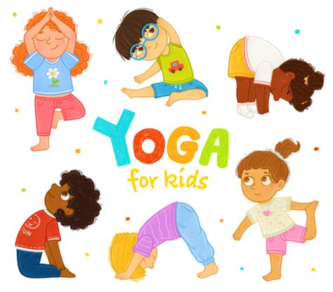 Yoga Kids Poses, Yoga Poses For Children, Kid Friendly Yoga, Exercise Illustration, Habits Book, Yoga Background, Yoga Cartoon, Kid Yoga, Yoga Clipart