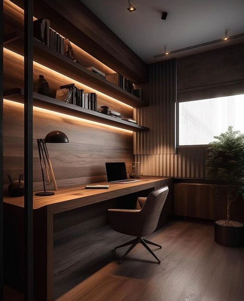 modern desk Home Office Lighting Design, Home Office Black And Wood, Scandinavian Office Design, Gothic Office, Modern Home Offices, Modern Office Space, Office Interior Design Modern, Study Room Design, Home Studio Setup