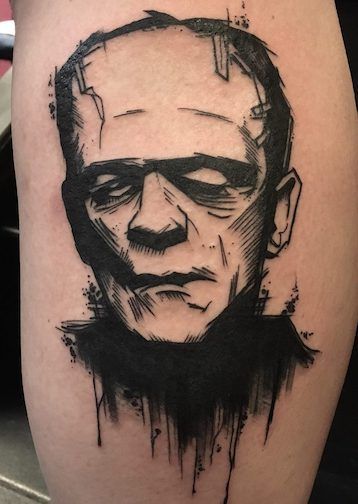 Universal Monsters Tattoo, Horror Tattoo Ideas, Frankenstein Tattoo, Horror Movie Tattoos, Scene Tattoo, Monster Tattoo, Tattoo Shading, Street Tattoo, Movie Tattoos