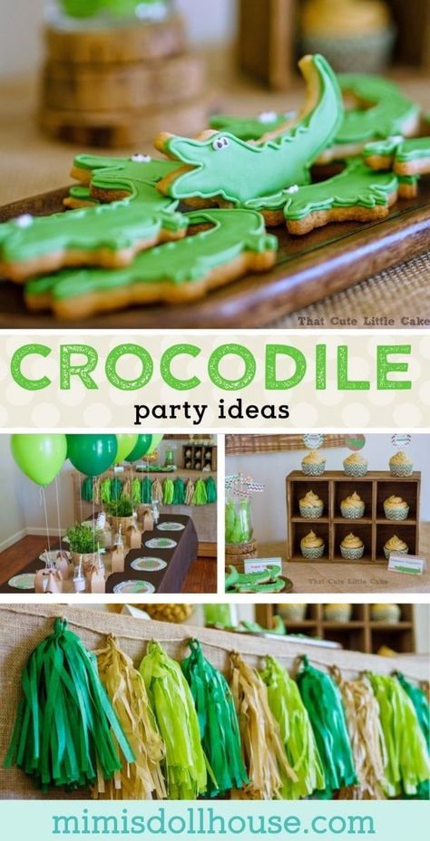 Amazing Crocodile Birthday Party Ideas + Supplies! These crocodile party ideas are sure to inspire! Crocodile Birthday Party, Crocodile Birthday, Gator Party, Alligator Birthday Parties, Crocodile Party, Alligator Party, Alligator Birthday, Diy Party Crafts, Reptile Party