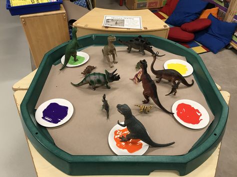 Art Ideas Eyfs, Nursery Activities 0-2, Tuff Tray Dinosaur Ideas, Tuff Tray Dinosaurs, Turf Tray Ideas Preschool, Nursery Mark Making Activities, Dinosaurs Tuff Tray, Painting Ideas Eyfs, Mark Making Tuff Tray Ideas