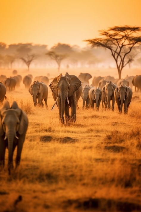 A group of elephants strolling leisurely in an African safari, with a backdrop of expansive plains and a bright, sunny sky African Jungle Aesthetic, Animals In Their Natural Habitat, Africa Texture, Nursery Elephant Theme, Safari Aesthetic, Africa Aesthetic, Africa Pictures, Tattoos Elephant, Drawing Elephant