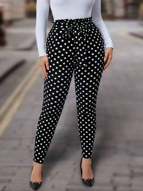 SHEIN Clasi Plus Polka Dot Print Paperbag Waist Belted Pants | SHEIN USA Polka Dot Pants Outfit, Polka Dot Pants, Belted Pants, Plus Size Pants, Polka Dot Print, White Casual, Dot Print, Pants Outfit, Plus Clothing