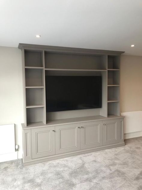 Grey TV Media unit with cupboards Tv Bookcase Wall Bedroom, Traditional Style Media Wall, Tv Storage Wall Unit, Shallow Tv Built In, Media Unit With Storage, Living Room Built Ins Small Space, Small Media Unit, Tv Media Unit Ideas, Tv Media Wall With Storage