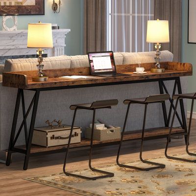 Multifunctional Narrow Long Table: Behind The Couch Table: Place this skinny table behind your couch with bar stools, makes a wonderful occasional bar table for a quick meal. Entryway Foyer Console Table: Great to fill a wall without taking up too much floor space, It is slim, but wide enough to be a drop zone, but not gather clutter. Home Pub Dining Table: Perfect for the dining room and with stools, it will double as seating or a serving area when the company comes over. Table Top Color: Brown Bar Table Behind Couch, Extra Long Console Table, Table Behind Couch, Narrow Sofa, Narrow Sofa Table, Long Sofa Table, Long Console Table, Behind Couch, Console Table Wood