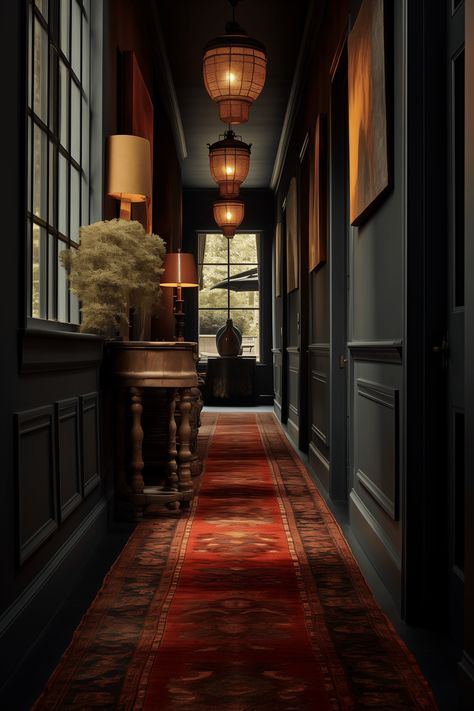 30 Clever Ideas For Decorating a Dark Hallway Dark Green Foyer Entryway, Dark Wall Design Ideas, Dark Walls With Wainscoting, Dark Moody Staircase, Grand Hallway Ideas, Dark Georgian Interiors, 1920s House Interior Design Vintage, Victorian Hallway Decor, Dark Corridor Ideas