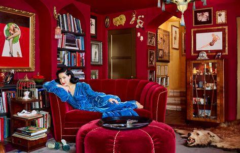 Step Inside Dita Von Teese's One-of-a-Kind L.A. Home | Architectural Digest Architectural Digest, Dita Von Teese, Dita Von Teese Home, Pub Decor, Blue Couches, Dita Von, Los Angeles Homes, Celebrity Houses, Step Inside