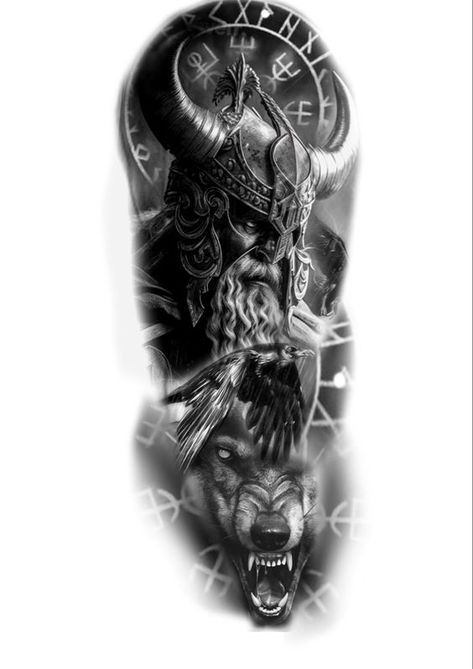 Viking tattoo design Odins Wolves Tattoo Design, Viking Men Tattoo, Vikings Arm Tattoo, Viking Tattoo Sleeve Designs, Warrior Forearm Tattoo Men, Odin Norse Mythology Tattoo, Vikings Sleeve Tattoo, Viking Sleeve Tattoo Design, Viking Half Sleeve Tattoo For Men