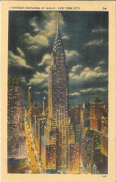 postcard-chrysler-building-new-york Vintage Halloween Cards, Voyage New York, New York Architecture, Foto Gif, Postal Vintage, Vintage Architecture, New York Poster, Dorm Posters, K Wallpaper