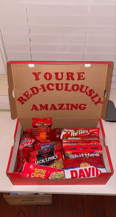 Boyfriend Snack Gift, Diy Gift Baskets Dollar Tree, Themed Gift Baskets For Boyfriend, Diy Gift Basket For Boyfriend, Bday Basket For Him, Shoe Box Present Ideas, Food Gifts For Boyfriend, Red Birthday Box Ideas, Red Boyfriend Gift Basket