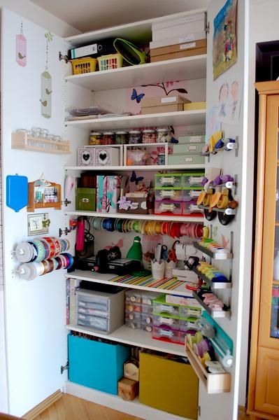 Omg! I just fell in love! I hope I can have this one day! I'm so into crafts. Storage Cupboard Ideas, Storage Armoire, Craft Cupboard, Craft Storage Organization, Craft Cabinet, Cupboard Shelves, Storage Cupboard, Dream Craft Room, Craft Room Design