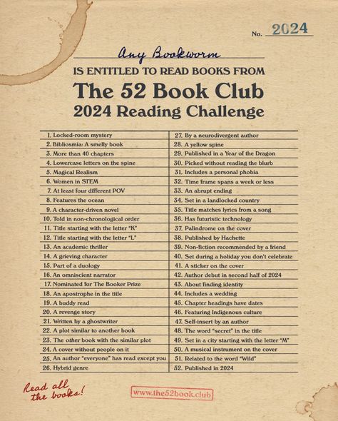 2024 Reading Challenge – The 52 Book Club Reading Bingo, Book Reading Journal, Reading Goals, Recommended Books To Read, Book Challenge, Happy Reading, Book Dragon, Reading Challenge, Book Suggestions