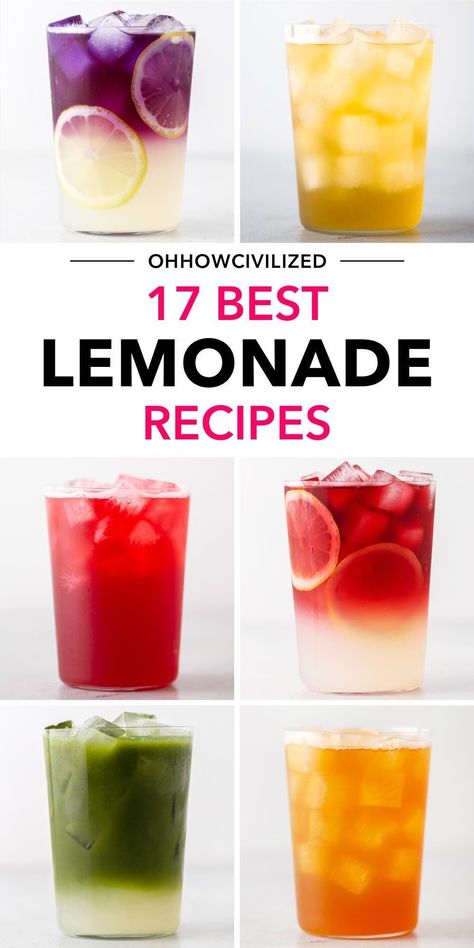 Sweet, tart, and refreshing lemonades are the perfect drinks for the summer. Enjoy different variations all season long with these recipes, from Arnold Palmer to the color-changing butterfly pea flower lemonade. #lemonade #lemonaderecipes #arnoldpalmer #summerdrinks Flavored Drink Recipes, Lemonade Poster Ideas, Pea Flower Lemonade, Butterfly Pea Flower Lemonade, Flower Lemonade, Limonade Bar, Good Lemonade Recipe, Iced Drinks Recipes, Best Lemonade