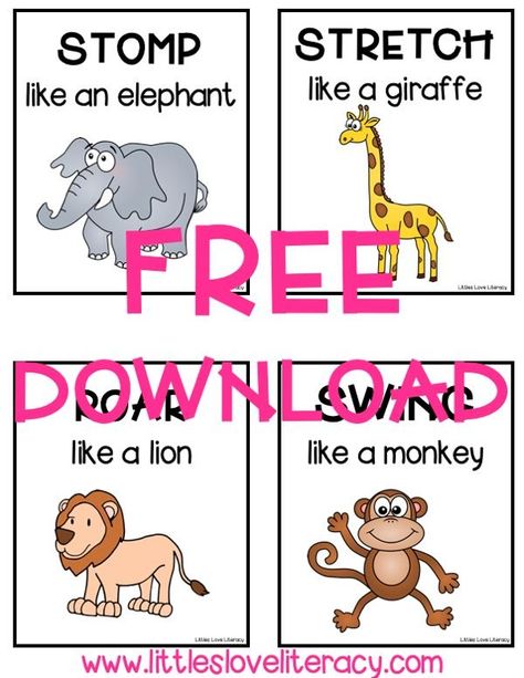 FREE Dear Zoo activity for toddlers, preschool, prek, & kindergarten. Great activity to go along with the book. Use at home with your own kids or in the classroom with students. FREE printable for a gross motor skills game called "Move Like an Animal." Incorporate literacy into the game for more learning! Children of all ages will have fun using this Dear Zoo gross motor game! #littlesloveliteracy #preschool Zoo Theme Gross Motor Activities, Gross Motor All About Me Activities, Elephant Games For Preschool, Elmer Template Free Printable, Preschool Alligator Activities, Free Zoo Printables Preschool, Move Like An Animal Cards, Jungle Gross Motor Activities, Put Me In The Zoo Activities