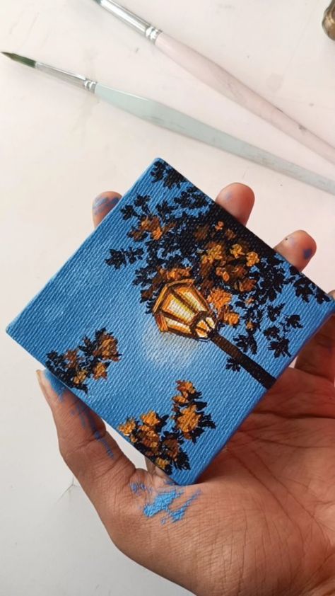 Mini Toile, Small Canvas Paintings, Simple Canvas Paintings, Cute Canvas Paintings, Seni Cat Air, Street Lights, Canvas Painting Designs, Cute Paintings, Small Canvas Art