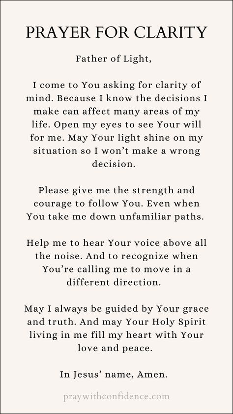 Prayer for Clarity: 13 Powerful Prayers For Guidance and Peace Pray For Clarity Quotes, Scriptures For Clarity, Prayers For Feeling Left Out, Prayers For When You Feel Far From God, Praying For Guidance, Beautiful Prayers For Women, Prayers For Answers, Prayers For Confusion, Prayer For Happiness And Peace