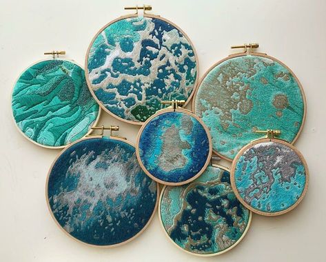 For Those Who Always Wonder How Long It Takes Me, I Like To Show Them This Picture: One Year Worth Of Completed Pieces Satin Stitch, Ocean Embroidery, Images Of Earth, Satellite Image, Thread Painting, Hand Embroidery Art, Embroidery Craft, Embroidery Inspiration, Hoop Art