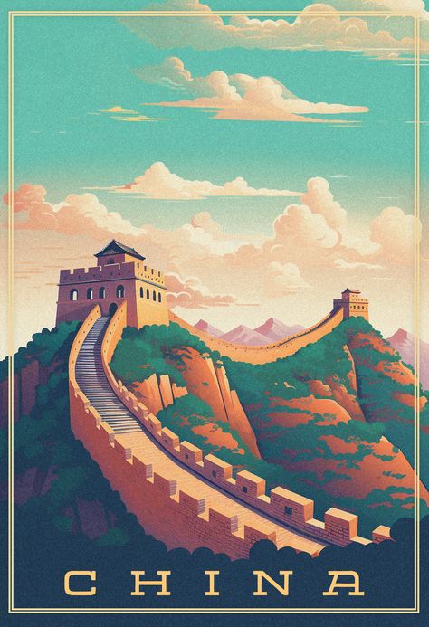 Ancient China Drawing, Great Wall Of China Illustration, China Art Illustration, Great Wall Of China Painting, Great Wall Of China Drawing, Poster Architecture Presentation, Landmarks Drawing, Landmarks Illustration, China Drawing