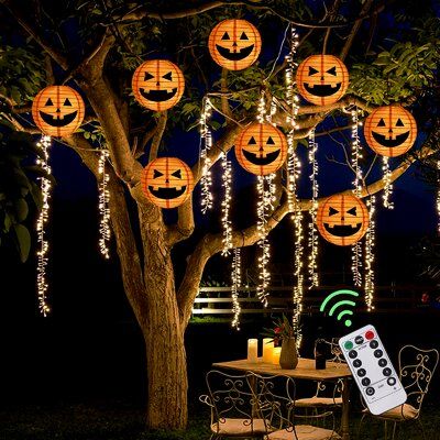 Halloween pumpkins paper lantern string lights with 48 LEDs decoration. Perfect for Halloween decoration, holiday party. Easy to install on indoor bedroom, window, living room, the outdoor garden, tree, lawn, porch, fence, yard etc. | The Holiday Aisle® Halloween Decoration, Pumpkins Paper Lantern String Lights w/ 48 Leds, Waterproof Indoor & Outdoor Decoration For Halloween Par Exterior Halloween Decorations, Paper Lantern String Lights, Porch Fence, Fence Yard, Window Living Room, Halloween Outside, Large Pumpkins, Lantern String Lights, Halloween Front Porch