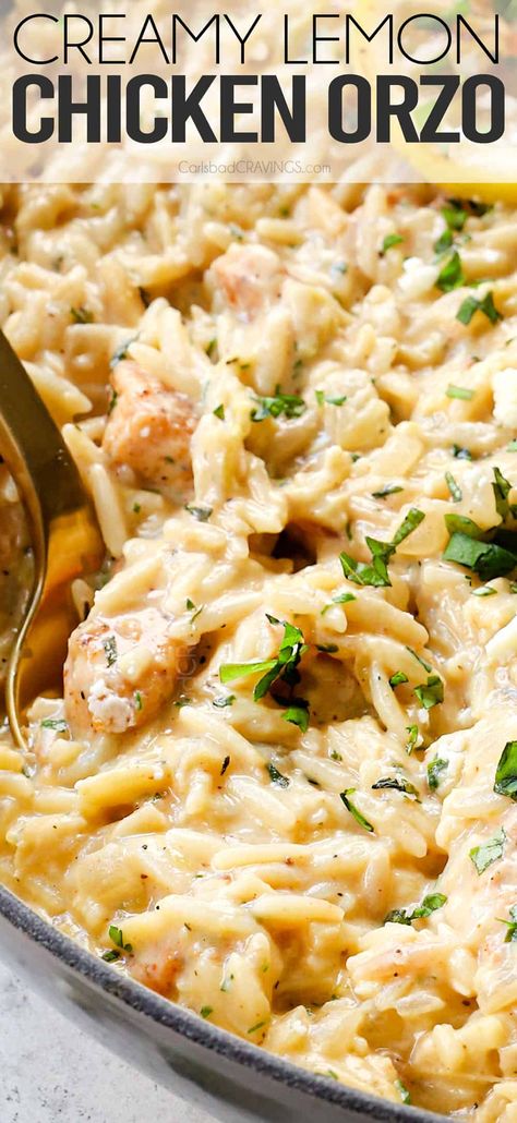 Creamy Lemon Chicken Orzo (30 Min, One Pot, ZERO CREAM!) Instapot Chicken And Orzo, Creamy Chicken Tuscan Pasta, Chicken Zucchini Orzo, Gluten Free Orzo Recipes, One Pot Oven Meals, Healthy Pasta Dinners, Orzo Chicken, Lemon Chicken Orzo, Creamy Orzo