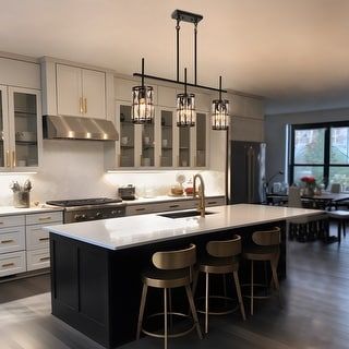 Pendant Lights Black Kitchen, Light Over Countertop, Nice Modern Kitchens, Kitchen With Built In Dining Table, 3 Light Chandelier Over Island, Modern Kitchen With Vaulted Ceiling, Black Kitchen Island Grey Cabinets, Black Island Dark Floors, Darker Island In Kitchen