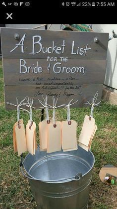 20 Wedding/Baby Shower Ideas | diy wedding, rustic wedding, wedding planning Country Farm Wedding Ideas, Bride And Groom Bucket List, Bucket List Wedding Sign, Wedding Bucket List Ideas, Rustic Country Wedding Ideas Decoration, Fun Wedding Games For Bride And Groom, Bucket List For Bride And Groom, Country Wedding Diy, Wedding Game Ideas Activities