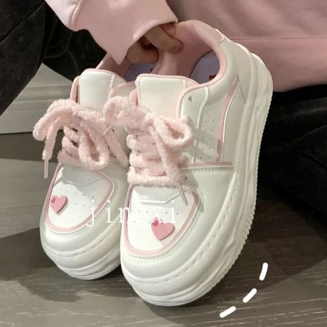 none Kawaii Platform Shoes, Kawaii Shoes Sneakers, Pink Sport Shoes, Harajuku Shoes, Platform Sneakers Women, White Chunky Sneakers, Heart Platforms, Pretty Sneakers, Shoes For School