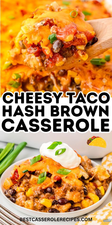 The Ultimate Taco Hash Brown Casserole Recipe Mexican Hashbrown Taco Casserole, Boxed Hashbrown Recipes, Taco Hash Brown Casserole, Taco Meat With Potatoes, Ground Beef Hash Brown Casserole, Dinner Ideas With Hashbrowns, Hash Brown Taco Casserole, Mexican Hashbrown Casserole, Taco Crockpot Hashbrown Casserole