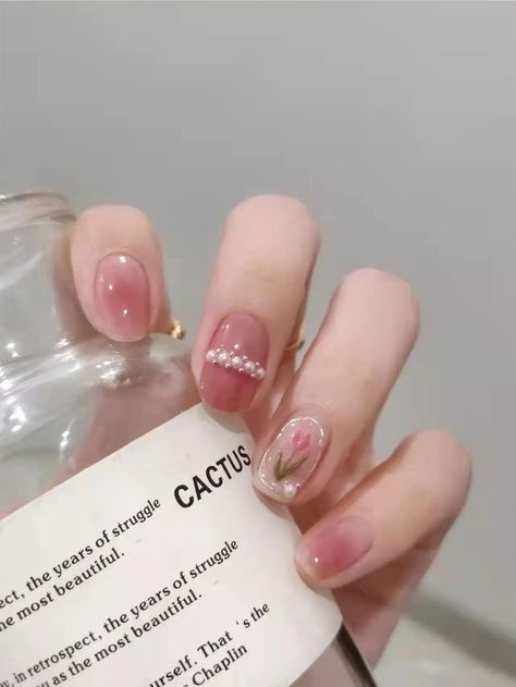 Pink  Collar   Floral 3D Nails Embellished   Beauty Tools Short Blush Nails Korean, Korean Nail Art For Short Nails, Korean Nail Art Spring, Short Korean Nail Art, Spring Korean Nails, Short Korean Nail Designs, Korean Nail Art Short Nails, Short Nail Designs Korean, Korean Short Nail Designs