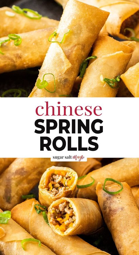 These homemade spring rolls are so easy to make. Filled with a tasty combination of meat and vegetables, all wrapped in a shatteringly crispy exterior they’re a tasty classic Chinese appetizer. Chinese spring rolls are crunchy little fried tubes of meat and shredded veggies and they’re seriously morish. This super simple recipe for a Chinese restaurant classic will make you a pro in no time. It really is so simple to customise them to the filling you like. Meat Spring Rolls, Beef Spring Rolls Recipe, Asian Spring Rolls, Chinese Spring Rolls, Homemade Spring Rolls, Spring Roll Filling, Restaurant Classic, Fried Spring Rolls, Homemade Appetizer