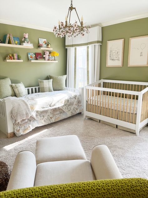 Green Winnie The Pooh Nursery, Nursery Day Bed, Nursery With Daybed And Crib, Nursery With Bed, Nursery With Guest Bed, Nursery With Daybed, Day Bed In Nursery, Day Bed Guest Room, Nursery Daybed