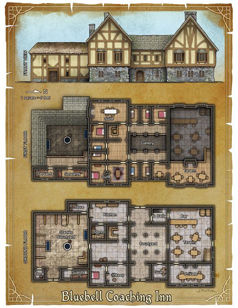 Medieval Houses Architecture, Dnd Building Map, Inn Layout, Dnd House Map, Medieval Castle Layout, Fantasy Inn, Kobold Press, Castle Floor Plan, Rumah Minecraft Sederhana