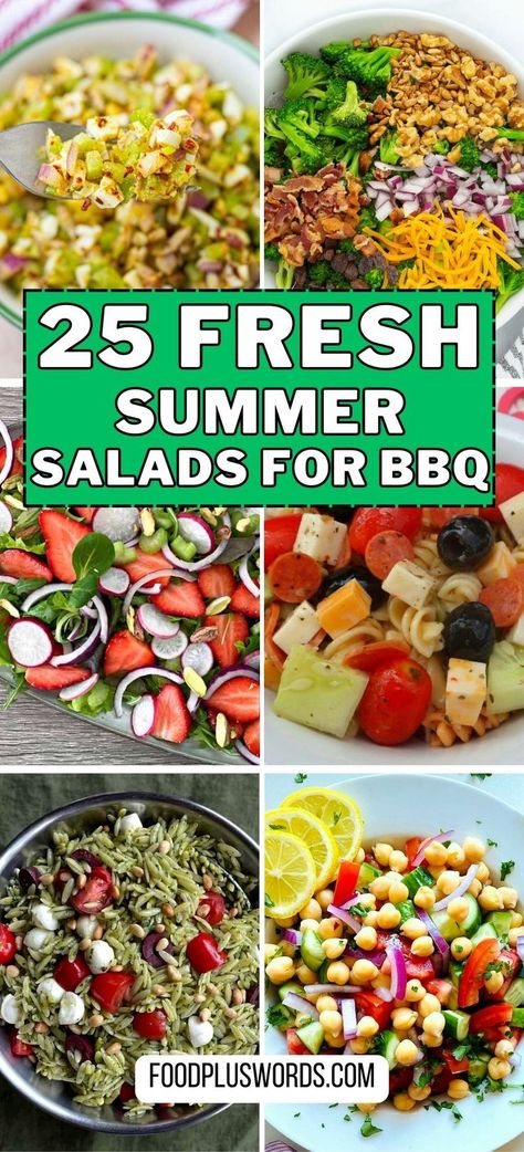 Planning a summer BBQ party? Complete your menu with these amazing fresh summer salad recipes! From crowd-pleasing favorites to unique twists, these healthy salad options will impress your guests. Whether you're looking for a zesty summer corn salad or a colorful Mediterranean creation, these picnic side dishes will elevate your barbecue experience. salad recipes for dinner, delicious salad, delicious recipes, barbecue side dishes, bbq sides Summer Salads For Bbq, Healthy Bbq Sides, Salads For Bbq, Fresh Summer Salads, Picnic Salad Recipes, Healthy Bbq Recipes, Salad Options, Summer Side Salad, Healthy Picnic Foods