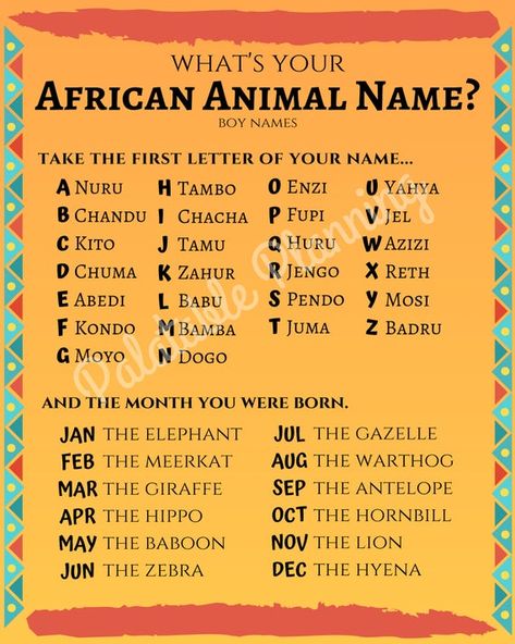 This game is great for birthday party celebrations and will go well with Lion King inspired birthday decorations!   Kids (and adults too) will have a great time finding out what their African animal name is. This game will encourage interaction between kids as they become curious about what the names of others are. Exotic Names, Adult Safari Party, Bday Games, Lion King Names, Abandoned Library, African Name, Jungle Decorations, Birthday Party Game, Disney Movie Night