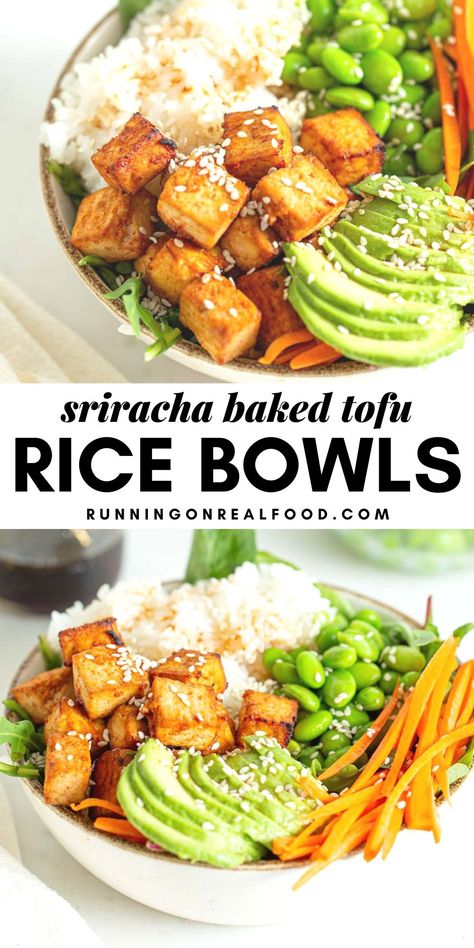 Sriracha Tofu Bowl, Vegan Tofu Rice Bowl, Rice And Edamame Bowl, Easy Tofu Bowl, Edamame Rice Bowl, High Protein Poke Bowl, Poke Bowl Vegetarian, Tofu Lunch Ideas, Easy Tofu Dinner