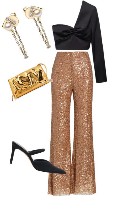 Gold sequence outfit ideas | Heels, Trousers, Sequence Outfits, Cropped Blouse, Outfit Maker, Outfit Shoplook, Crop Blouse, Onyx, Outfit Ideas