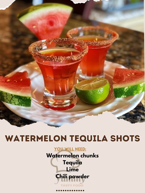 🍉 Watermelon Tequila Shots, summer fun in a sip! #PartyStarters 🍹 Watermelon Tequila Shots 🛒 Ingredients: Watermelon chunks: 1 cup Tequila: 1/2 cup Lime: 1, juiced Chili powder: For rimming 👩‍🍳 Instructions: Blend: Watermelon until smooth, strain. Mix: Tequila and lime juice with watermelon juice. Serve: In chili-rimmed shot glasses. 🎉 Turn up your summer parties with these refreshing shots. Perfect kick with a fruity twist! #SummerVibes Summer Parties, Watermelon Tequila Shots, Watermelon Tequila, Party Starters, Tequila Shots, Watermelon Juice, Chili Powder, Turn Up, Shot Glasses