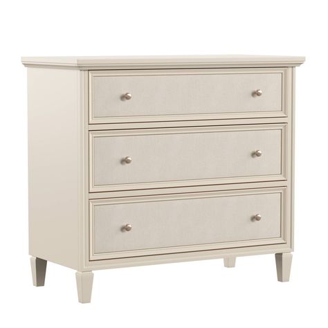 Pale Oak Dresser, Ivory Dresser Bedroom, Above Dresser Wall Decor Master, Navy Nightstand Bedroom, Light Blue Nightstand, Cream Upholstered Bedroom Ideas, Beige Wash Furniture, White And Neutral Bedroom, Large Nightstand Ideas Master Bedrooms