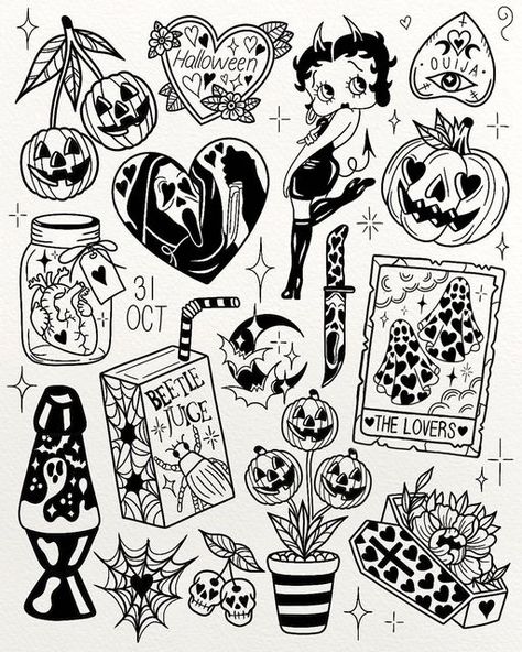 Amy 🍒 on Instagram: "Happy October 1st 🎃 All repeatable, any size any placement ✨ Dm me to book in!! #tattoo #leedstattoo #tattooartist #halloween #halloweenflash #halloweentattoo #flashsheet #uktattoo #octoberflash #october #spookyseason" Patchwork Horror Tattoo, Halloween Patch Work Tattoo, Tiny Horror Tattoo, Grunge Tats, Vintage Halloween Tattoos, Stencils Tattoo, Halloween Tattoo Flash, Flash Tattoo Designs, Tattoo Flash Sheet