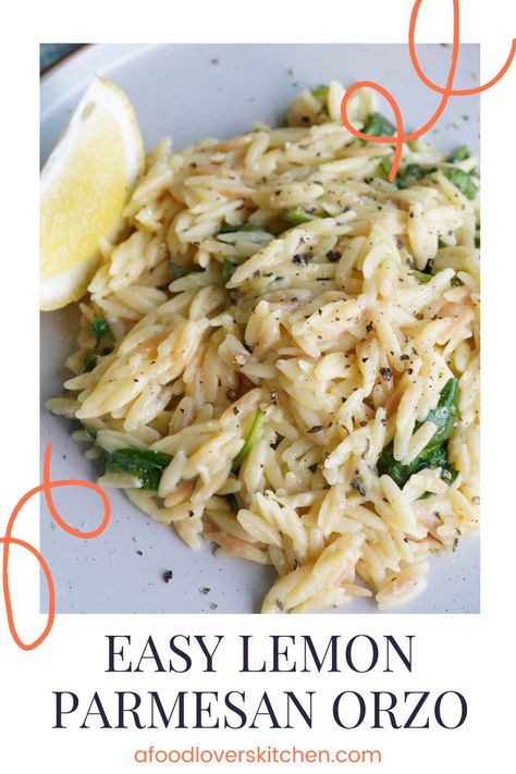 A bowl of lemon parmesan orzo Lemon Butter Orzo Carbonara, Lemon Zucchini Orzo, Lemon Parm Orzo, Orzo With Asparagus Parmesan, Parmasean Orzo Pasta, Side Dish For Pesto Chicken, Lemon Parmesan Orzo Recipes, Side Dishes Orzo, Orzo Recipes Parmesan