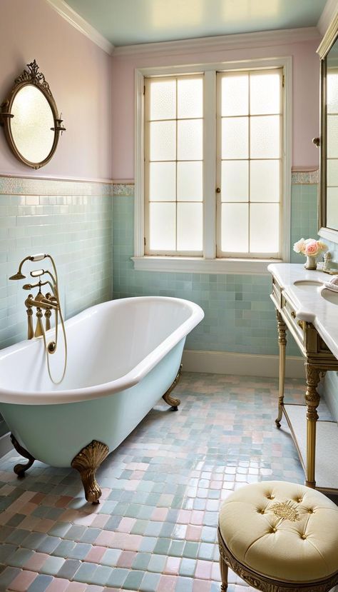 28 Charming Vintage Bathroom Decor Ideas Bathroom 1930s Style, Bathroom Inspiration Vintage, Bathroom Shower Tile Ideas Vintage, Vintage Tiled Bathrooms, Bathroom 1920s Style, Vintage Tiles Bathroom, Upstairs Bathroom Ideas, Retro Restroom, Blue Clawfoot Tub