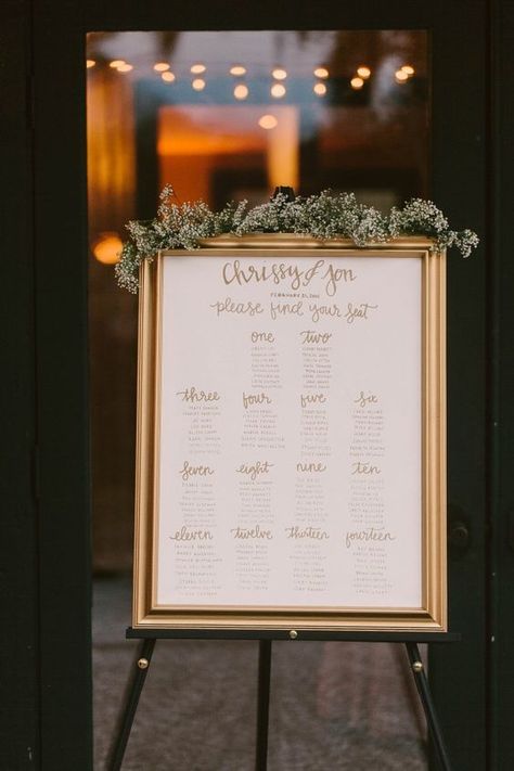 Elegant gold framed wedding seating chart | Image by Paige Jones Wedding Ceremony Seating, Table Seating Chart, Ceremony Seating, Gold Frames, Wedding Seating Chart, Wedding Table Decorations, Seating Chart Wedding, Southern Wedding, Wedding Signage